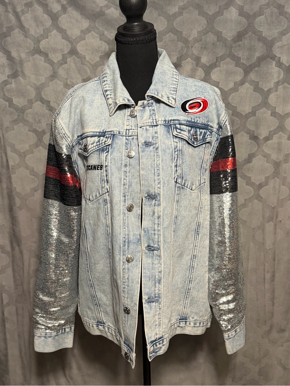 Carolina Hurricanes Sequin-Sleeve Light Wash Denim Jacket NWOT